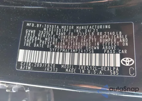 2021 Toyota Corolla Le from USA, damaged, VIN 5YFEPMAEXMP241756